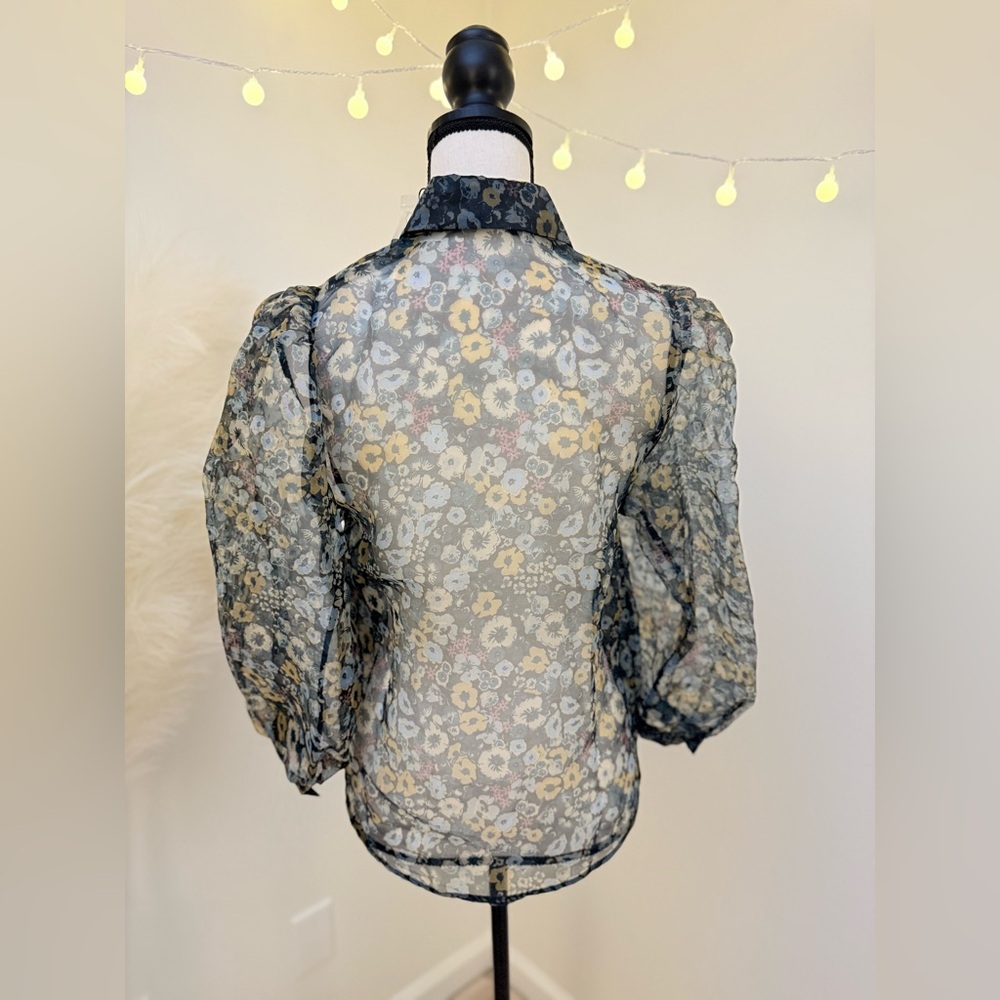 Stradivarius White and Blue Puff Sleeve Blouse - Picture 4 of 6